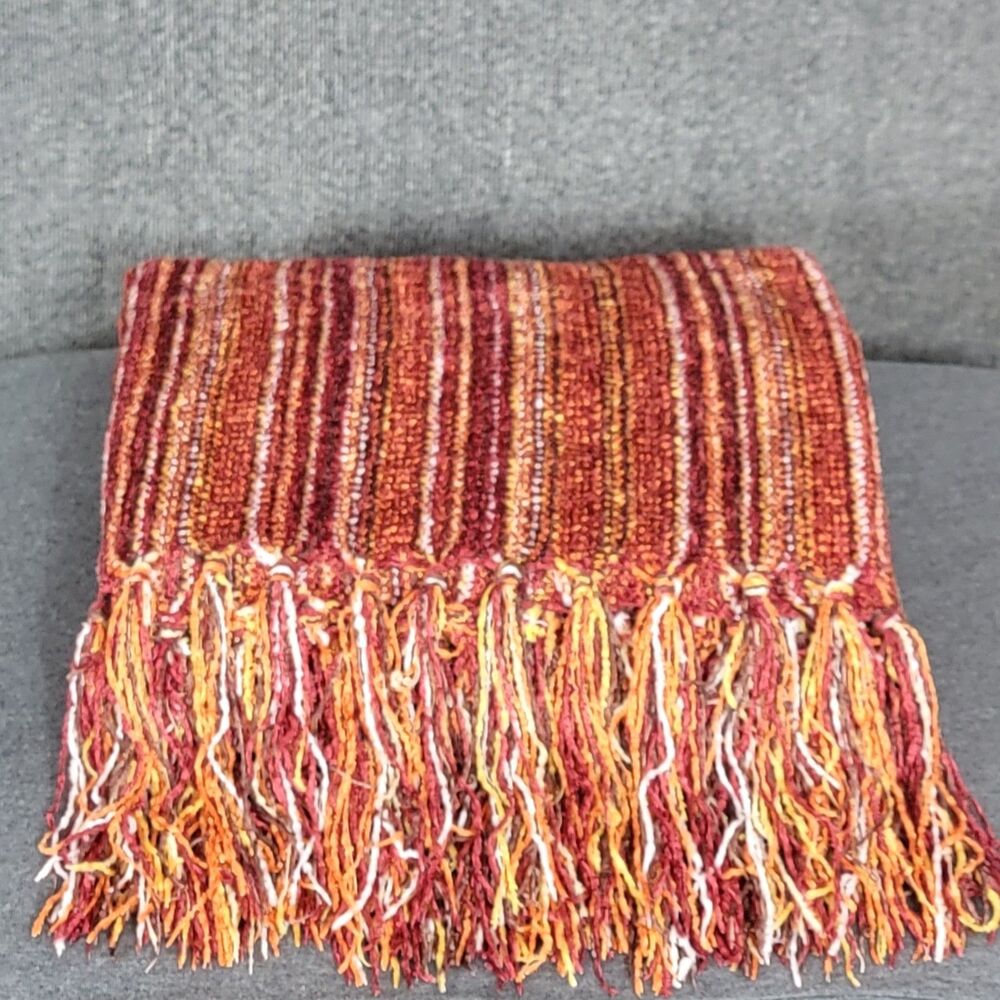 Pier 1 Imports Throw Blanket Multicolor Striped Chenille Fringed Boho 52" x 60"